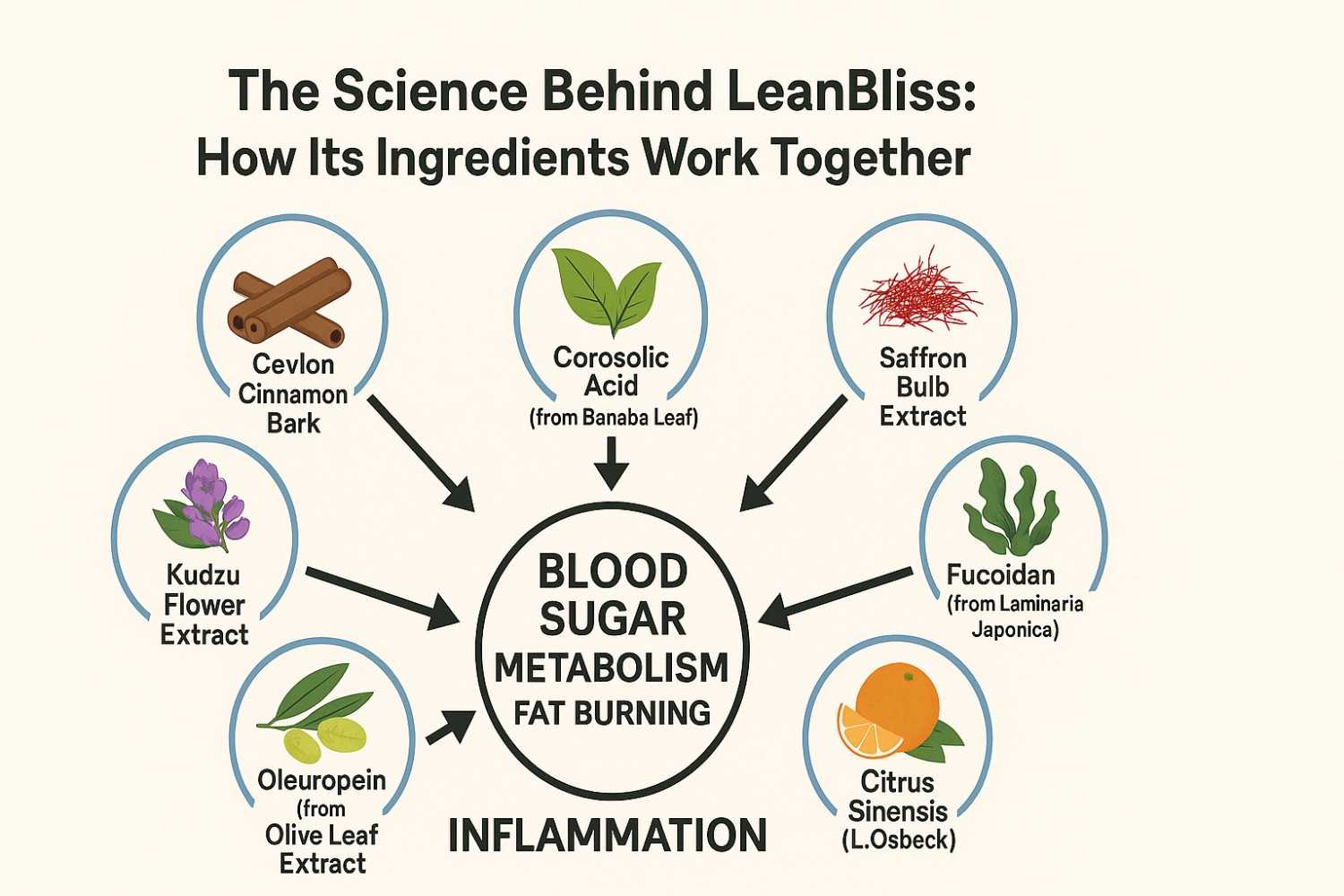 Infographic titled “The Science Behind LeanBliss: How Its Ingredients Work Together,” showing eight natural ingredients—including Ceylon Cinnamon Bark, Corosolic Acid, and Fucoxanthin—surrounding a central circle labeled "Blood Sugar, Metabolism, Fat Burning," with arrows illustrating their roles in reducing inflammation and supporting metabolic health.