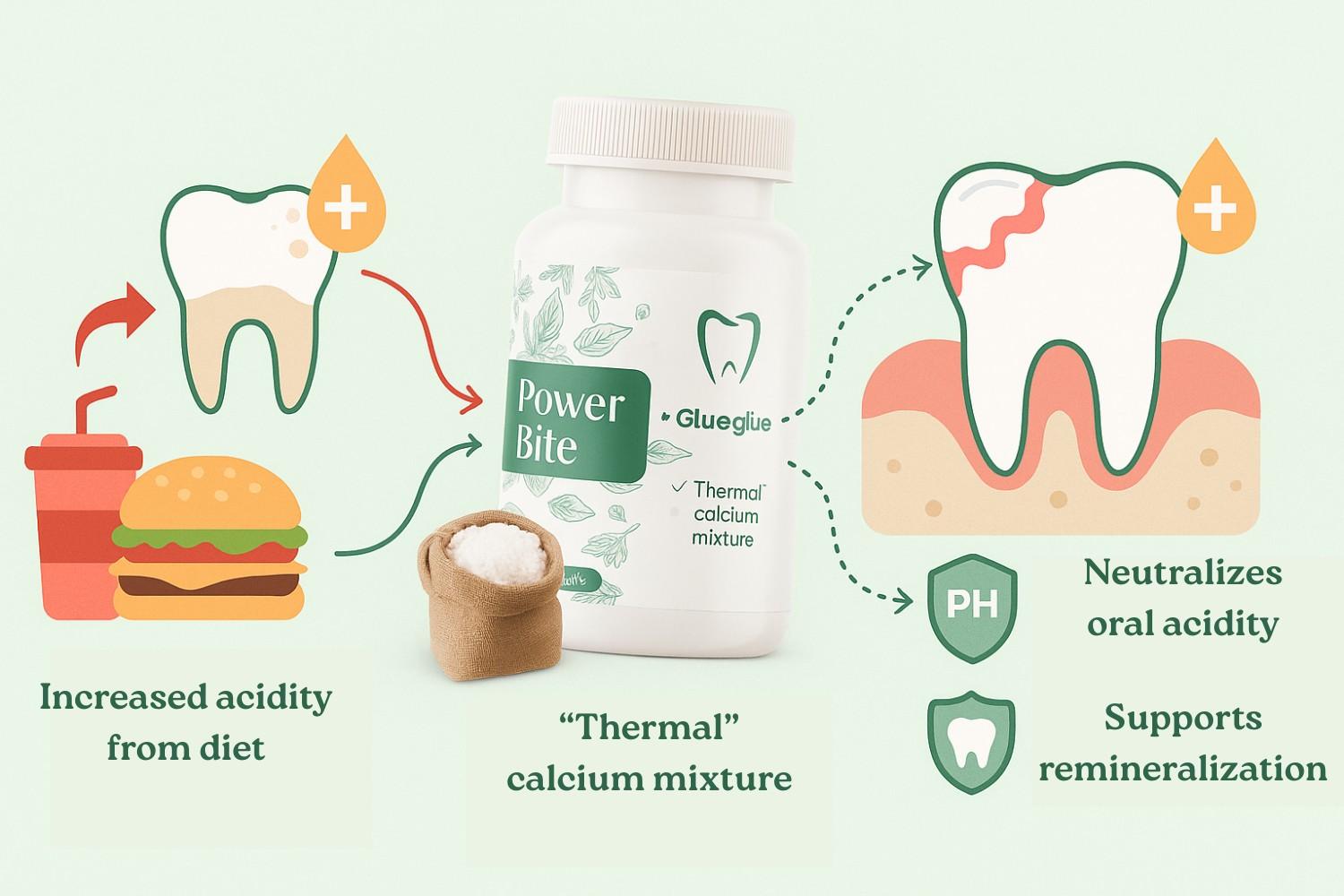 Visual explanation of how PowerBite helps protect teeth from acidic erosion, strengthens enamel, and supports a healthy mouth environment.