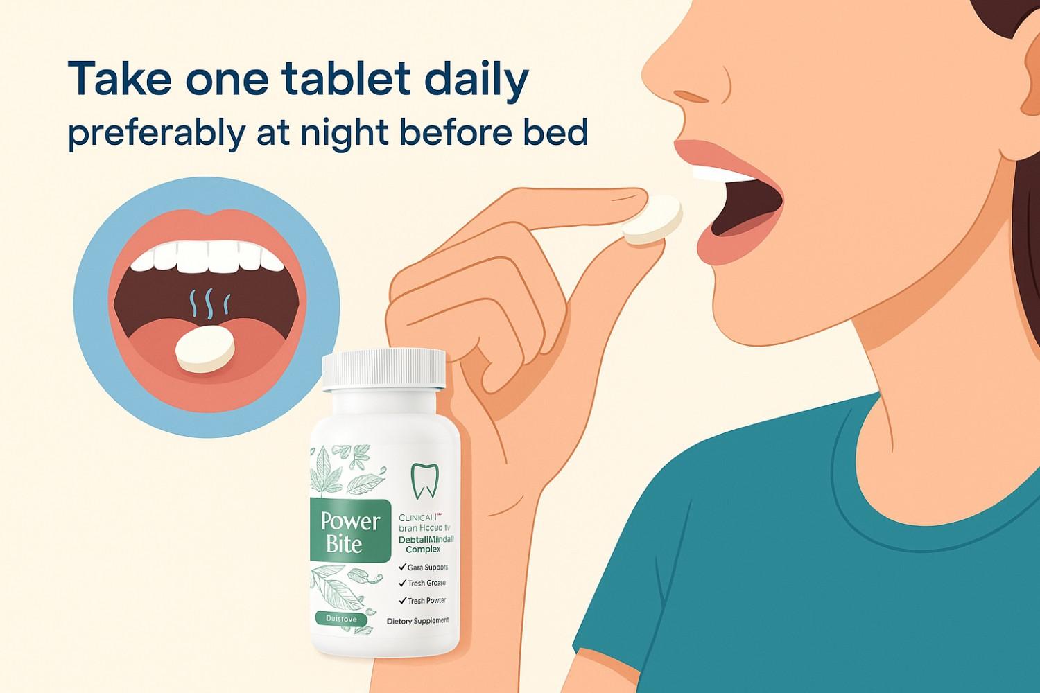 Illustration showing how to use PowerBite dental supplement at night.