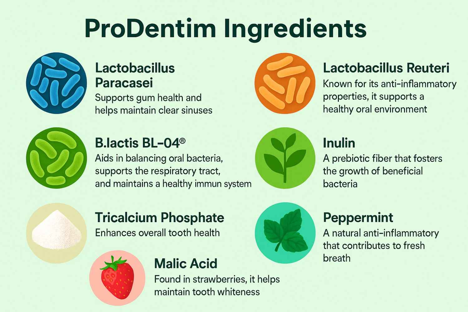 Infographic showing ProDentim ingredients, including Lactobacillus Paracasei, Lactobacillus Reuteri, B.lactis BL-04®, Inulin, Malic Acid, Tricalcium Phosphate, and Peppermint, with benefits like gum support, immune health, and fresh breath.