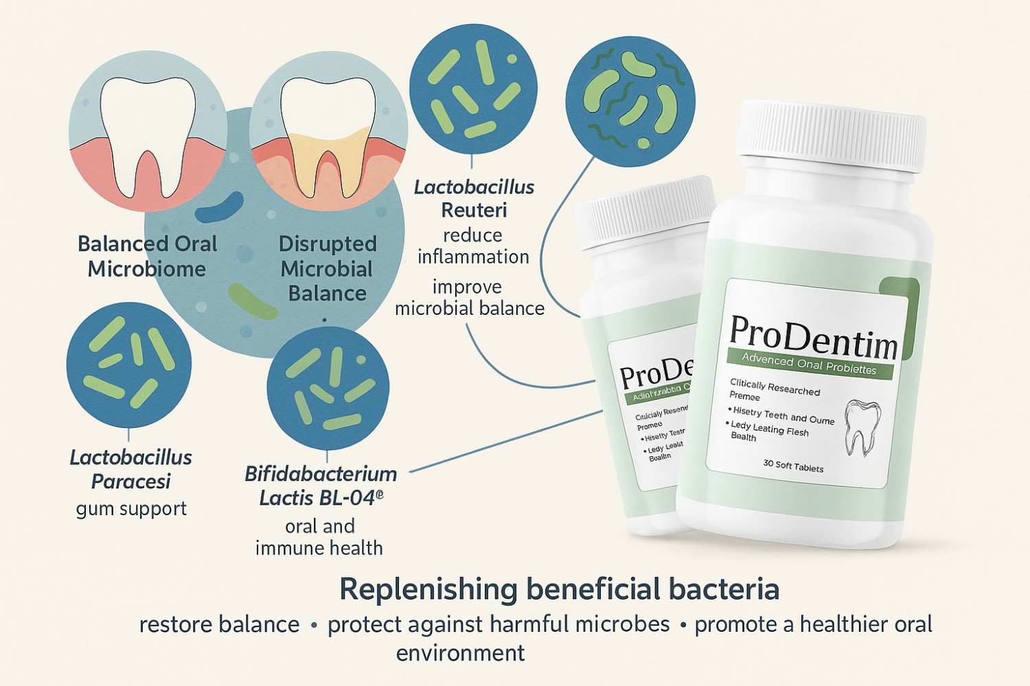 ProDentim infographic showing probiotic strains supporting oral microbiome balance and dental health benefits.