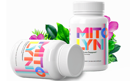 Two bottles of Mitolyn supplement displayed alongside natural ingredient plants such as green tea, turmeric, and ashwagandha, emphasizing its plant-based formulation.
