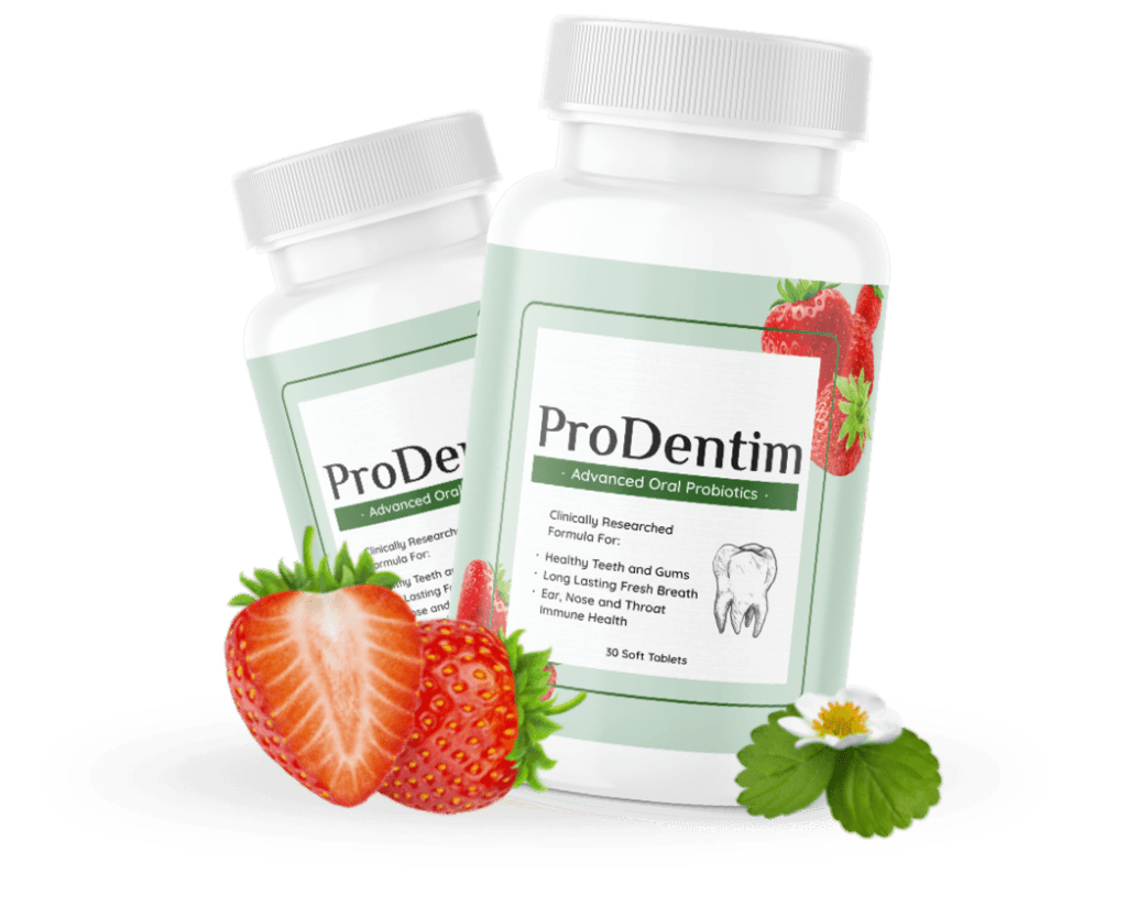 Two bottles of ProDentim displayed side by side, one featuring strawberry flavor and the other mint flavor, with vibrant packaging highlighting the unique flavors.