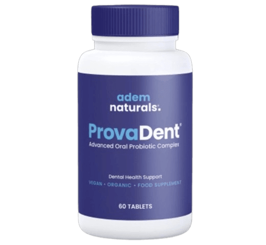 Provadent dental health supplement bottle alongside natural ingredients.