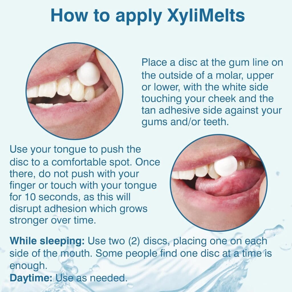Person placing an OraCoat XyliMelts disc on their upper gumline near the molars for dry mouth relief