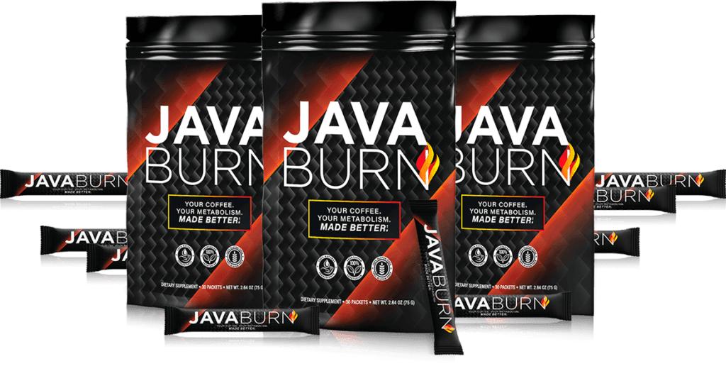 Three Java Burn supplement packets displayed with a subtle scientific background, representing the formulation and science behind Java Burn's metabolism-boosting ingredients.