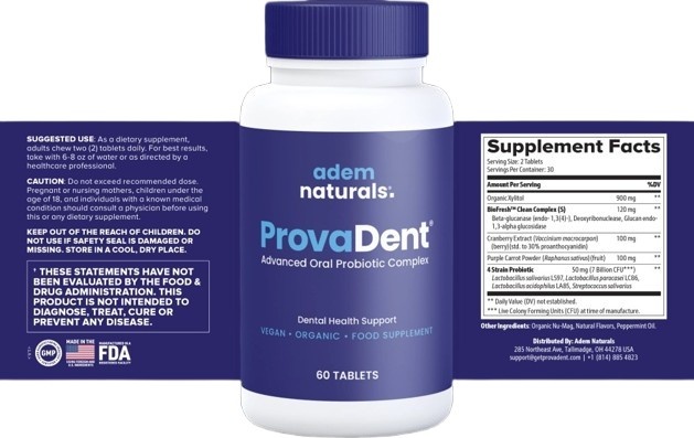 ProvaDent oral probiotic supplement bottle with ingredient list and dosage instructions, designed to support dental health with organic and vegan-friendly tablets.