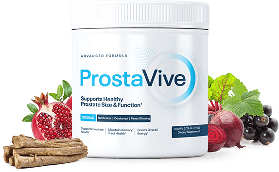 A bottle of ProstaVive supplement with a background of a healthy prostate illustration.
