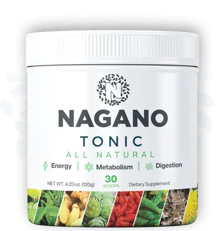 A bottle of Nagano Lean Body Tonic alongside fresh ingredients like berries and herbs.