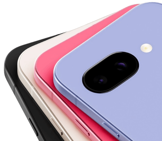 Google Pixel 9a in four color options: Obsidian (black), Porcelain (white), Peony (pink), and Iris (blue-purple).