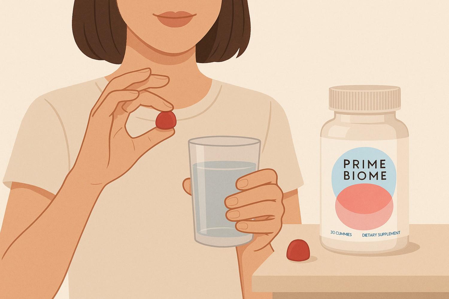Woman taking PrimeBiome probiotic gummy with a glass of water next to the product bottle