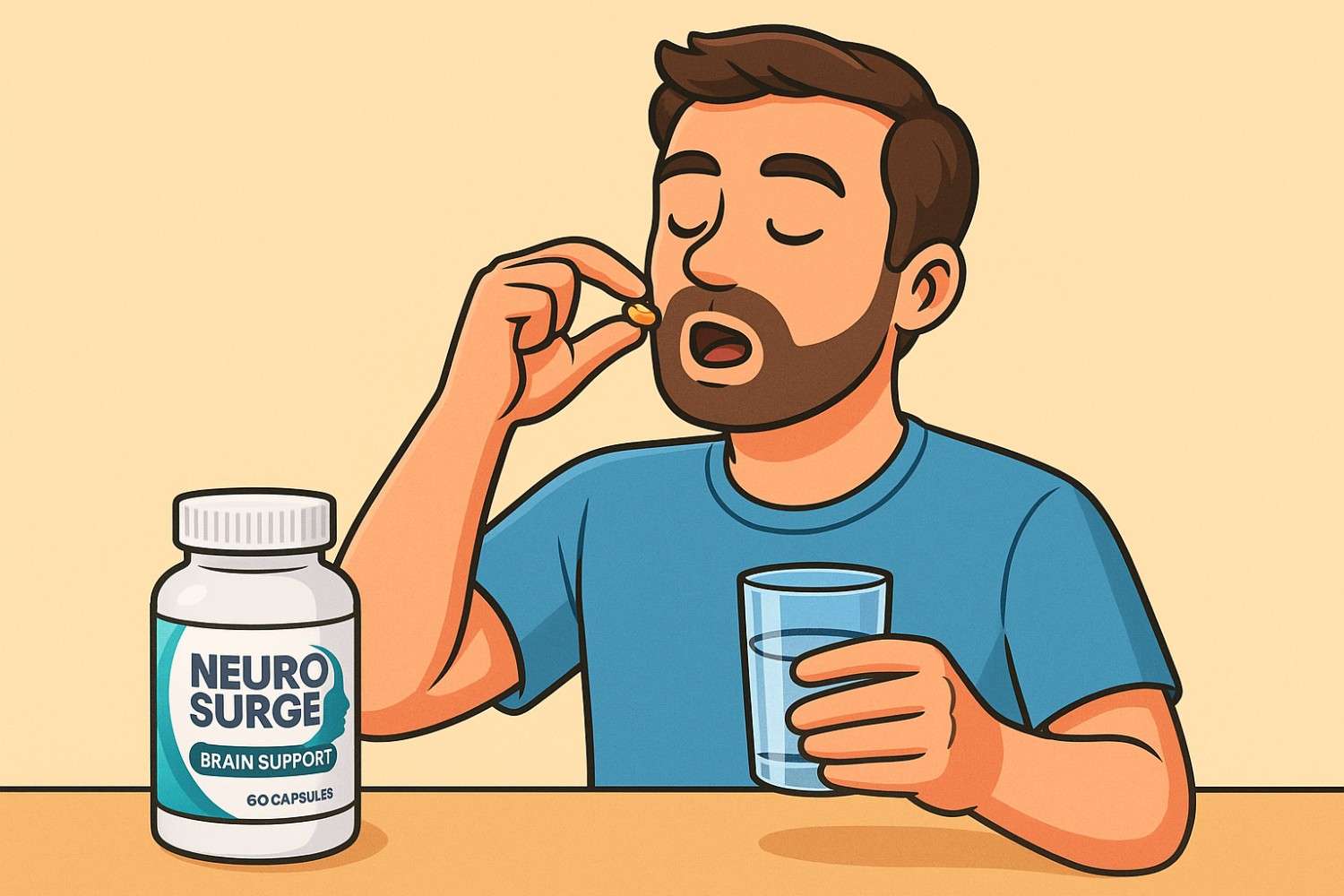 Cartoon-style illustration of a man taking a Neuro Surge supplement capsule with a glass of water