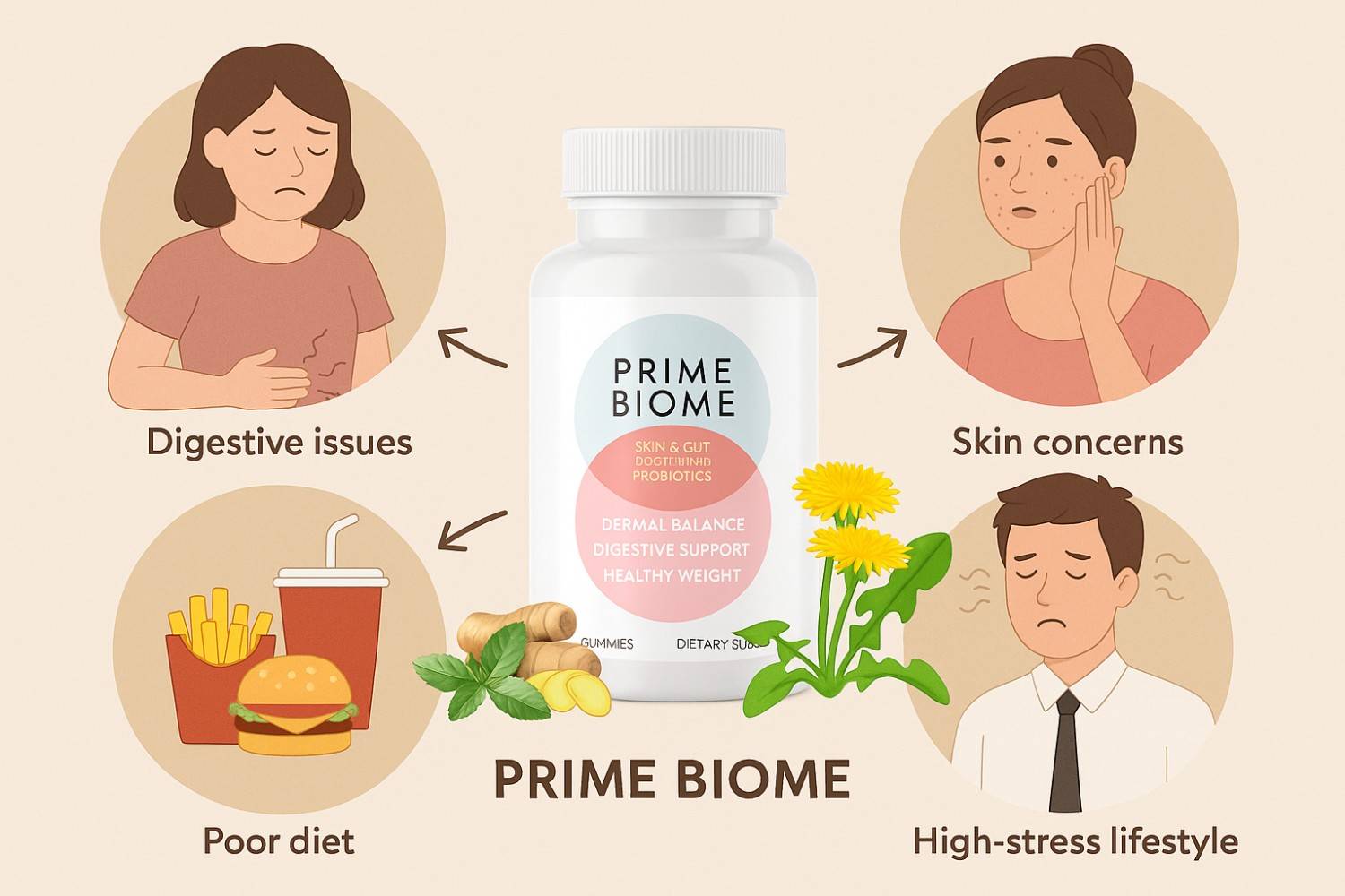 Infographic showing who benefits most from PrimeBiome supplement, including people with digestive issues, skin concerns, high stress, or poor diet.