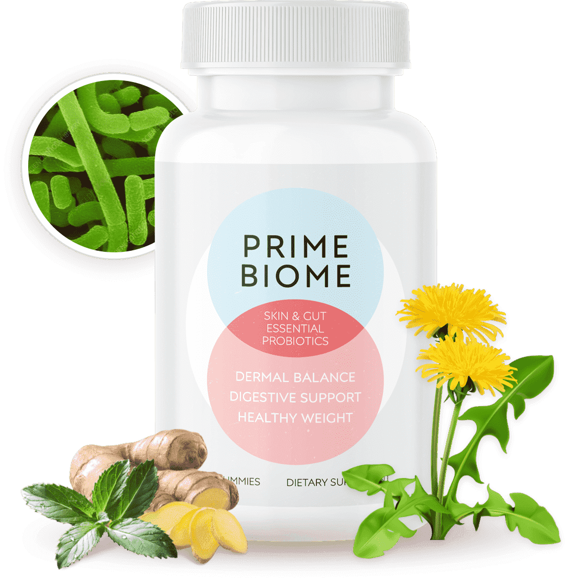 A bottle of PrimeBiome gummies in the center.