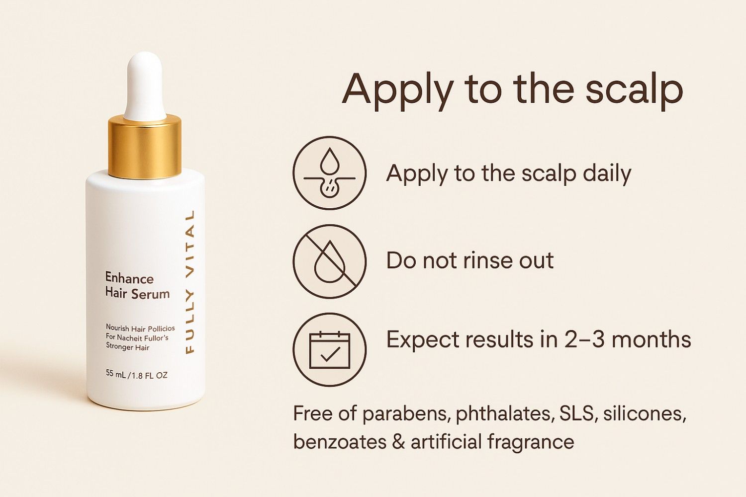 FullyVital Hair Serum application steps on scalp for healthy hair growth – daily use, no rinse, clean formula.