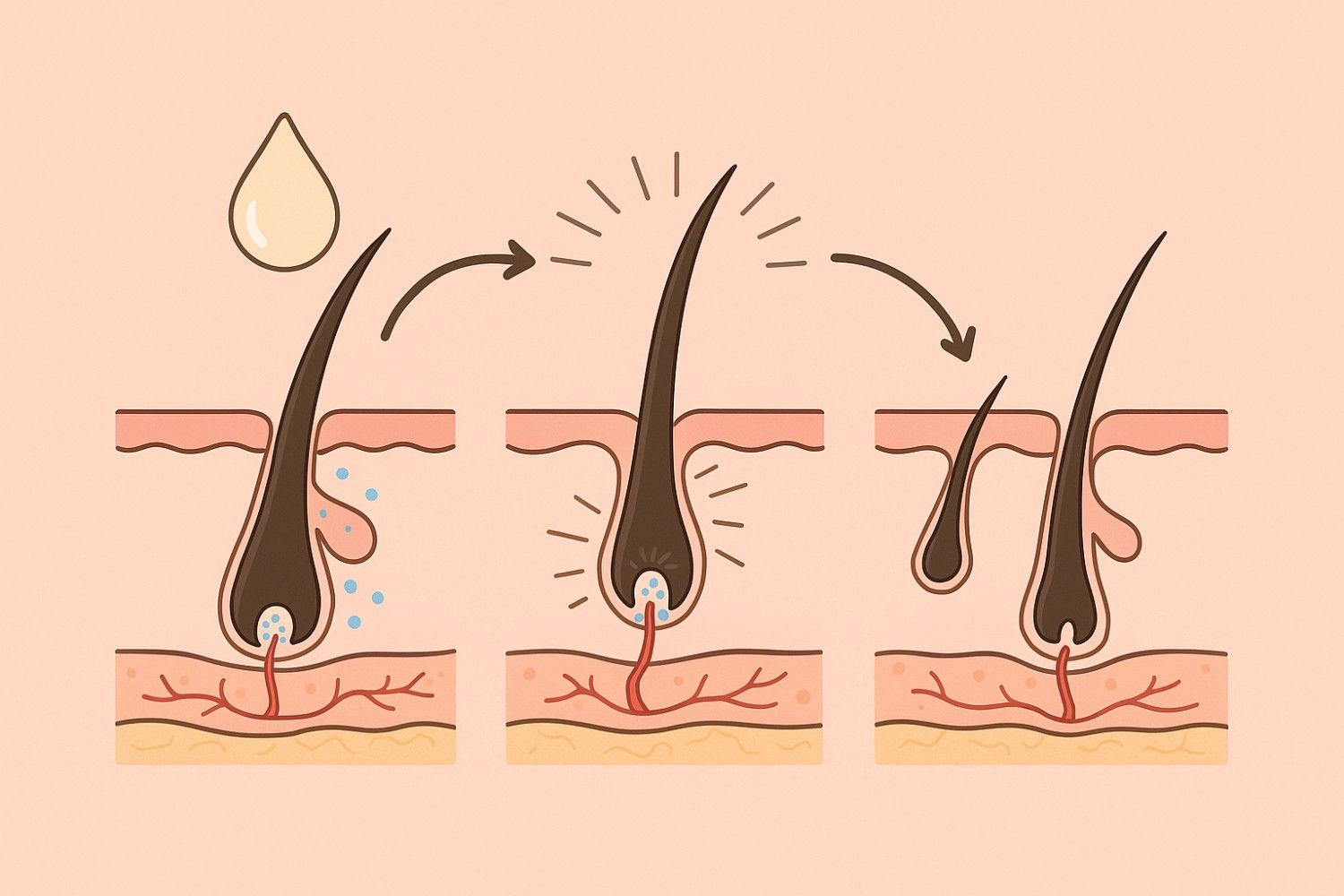 Illustration of hair growth cycle with serum treatment, showing how a hair serum like FullyVital supports follicle health through growth, rest, and shedding phases.