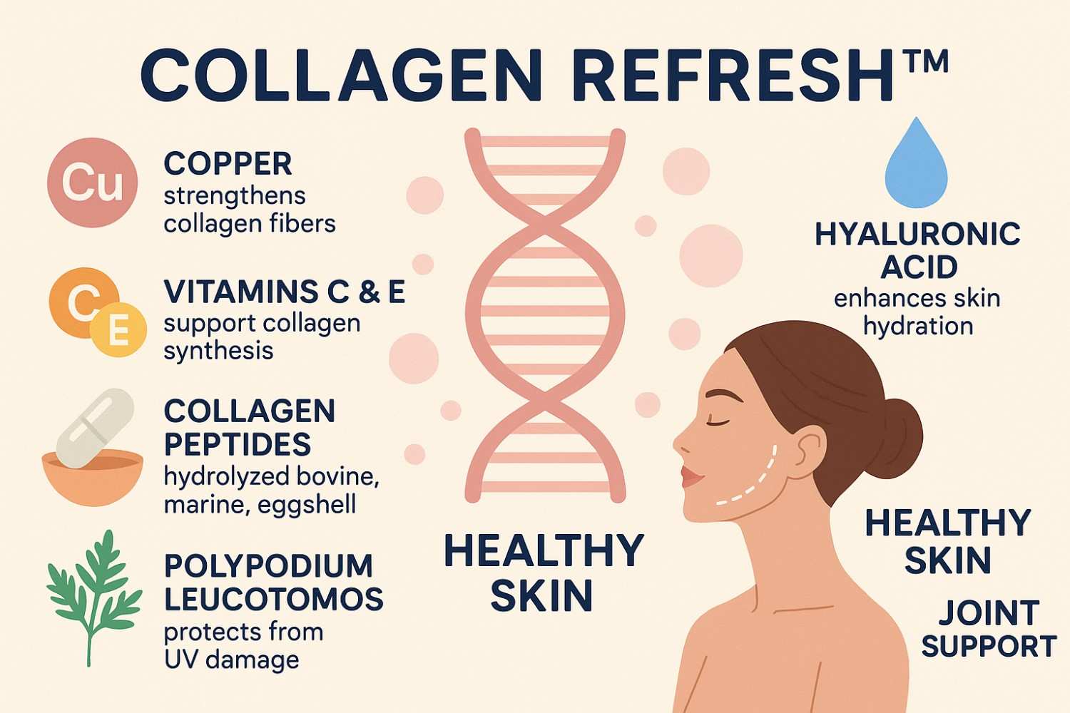 Infographic explaining how Collagen Refresh™ works using ingredients like collagen peptides, copper, vitamins C & E, hyaluronic acid, and Polypodium Leucotomos to support collagen production, skin hydration, and joint function.