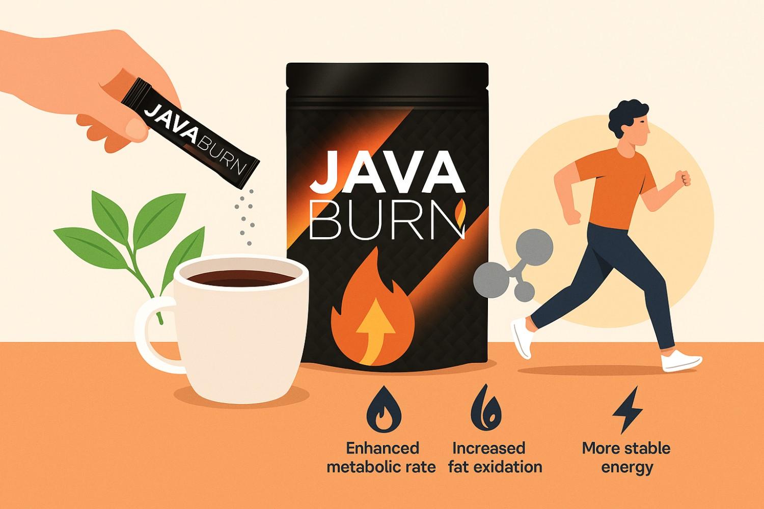 Illustration of Java Burn powder being added to coffee with icons for metabolism, fat burning, and energy