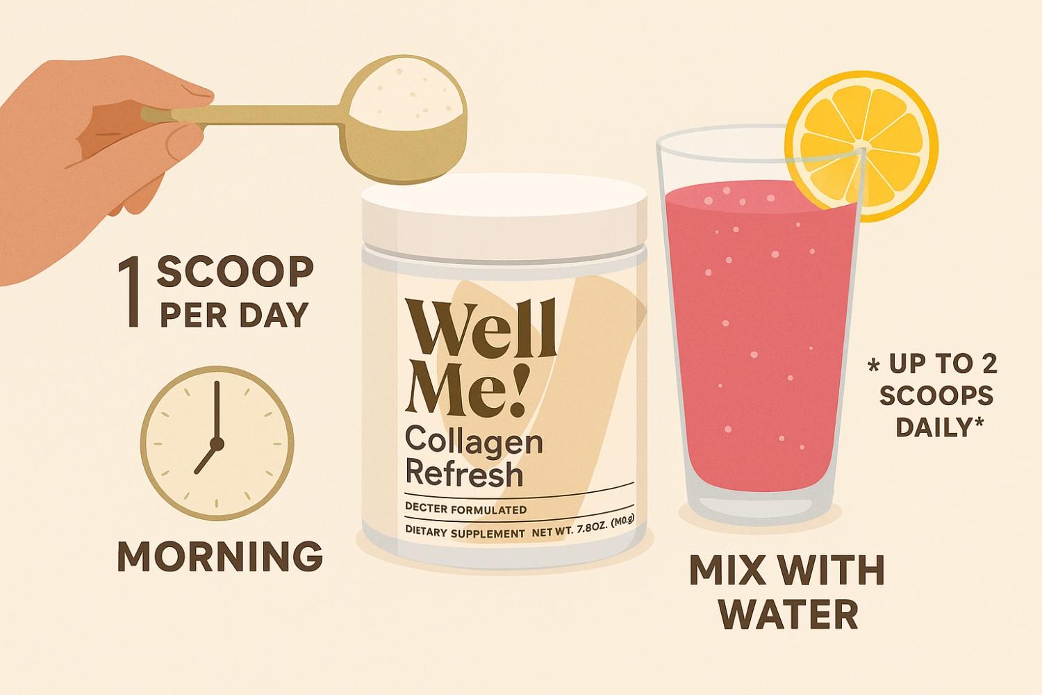 Illustrated guide showing how to take Collagen Refresh™ supplement with one or two scoops mixed in water daily.