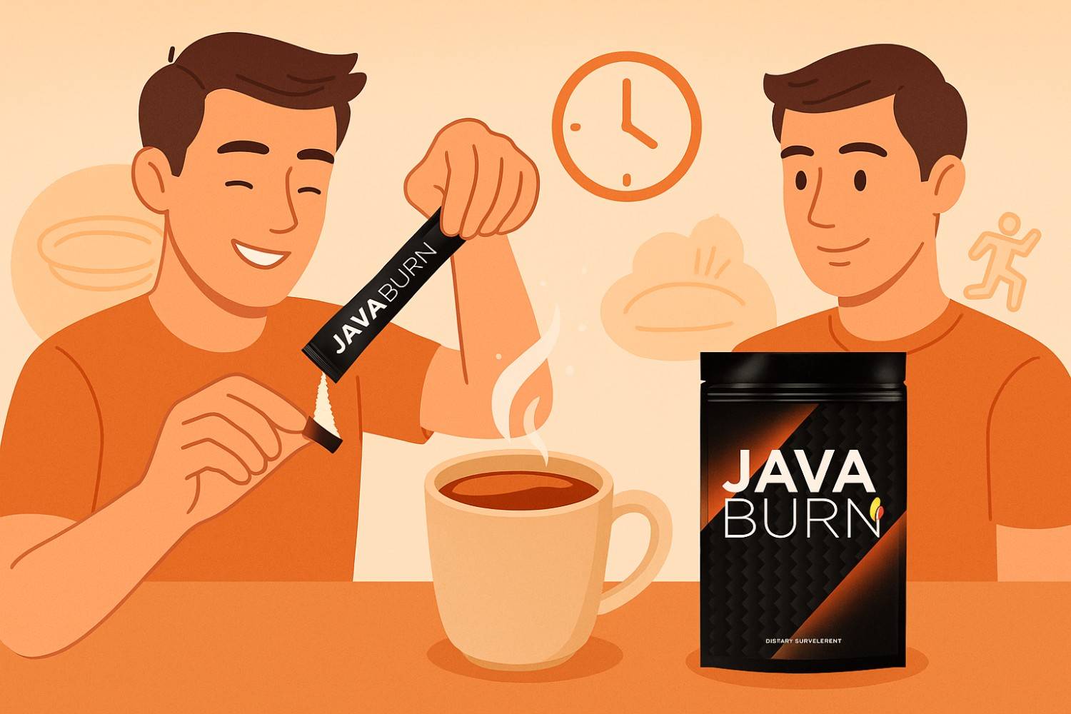 Illustration showing how to use Java Burn by mixing a single-serve powder packet into morning coffee