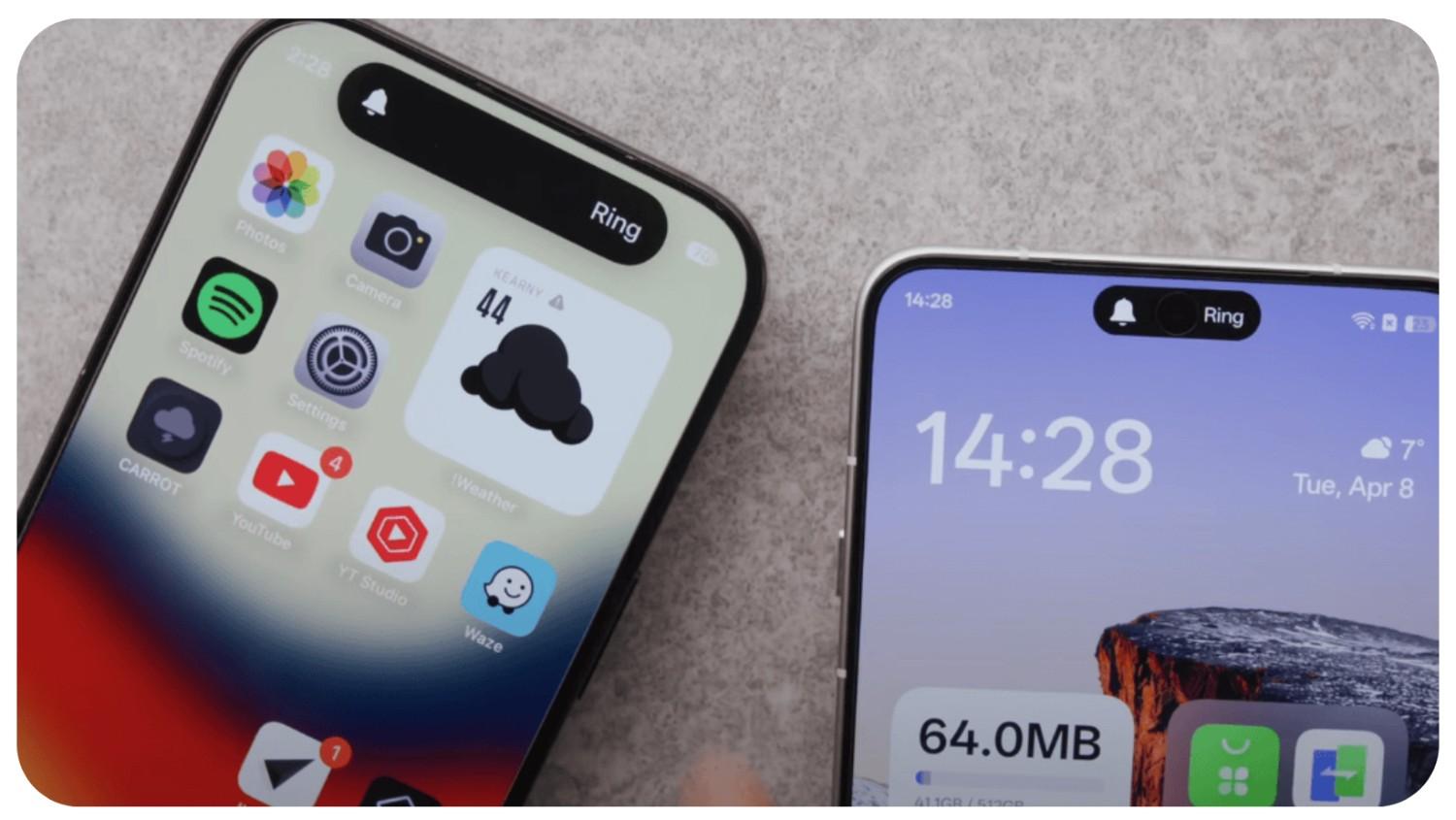 Comparison of OPPO Find X8 Ultra and iPhone 16 Pro screens showing Dynamic Island-style interface elements and notification areas