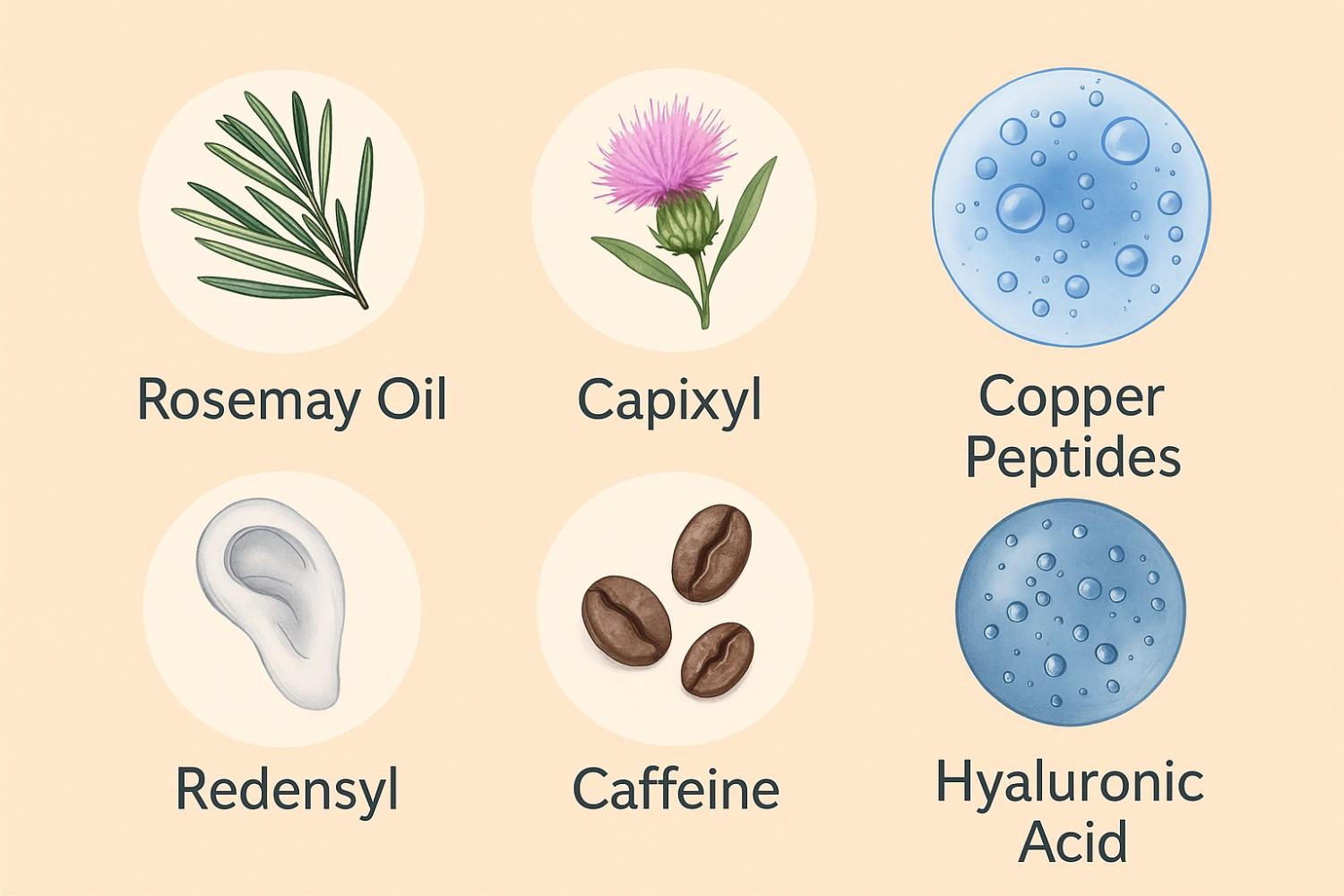 Illustration showing six natural ingredients in FullyVital Hair Serum: Rosemary Oil, Capixyl, Copper Peptides, Redensyl, Caffeine, and Hyaluronic Acid