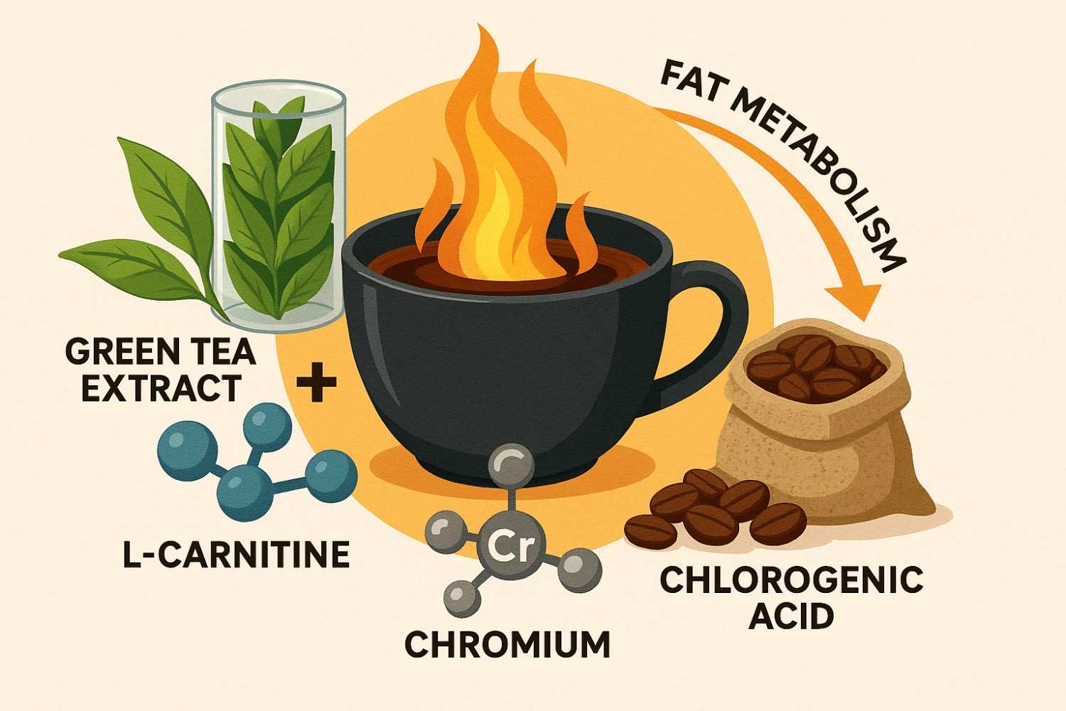 Illustration showing Java Burn ingredients like green tea extract, L-carnitine, chromium, and chlorogenic acid supporting fat metabolism with coffee