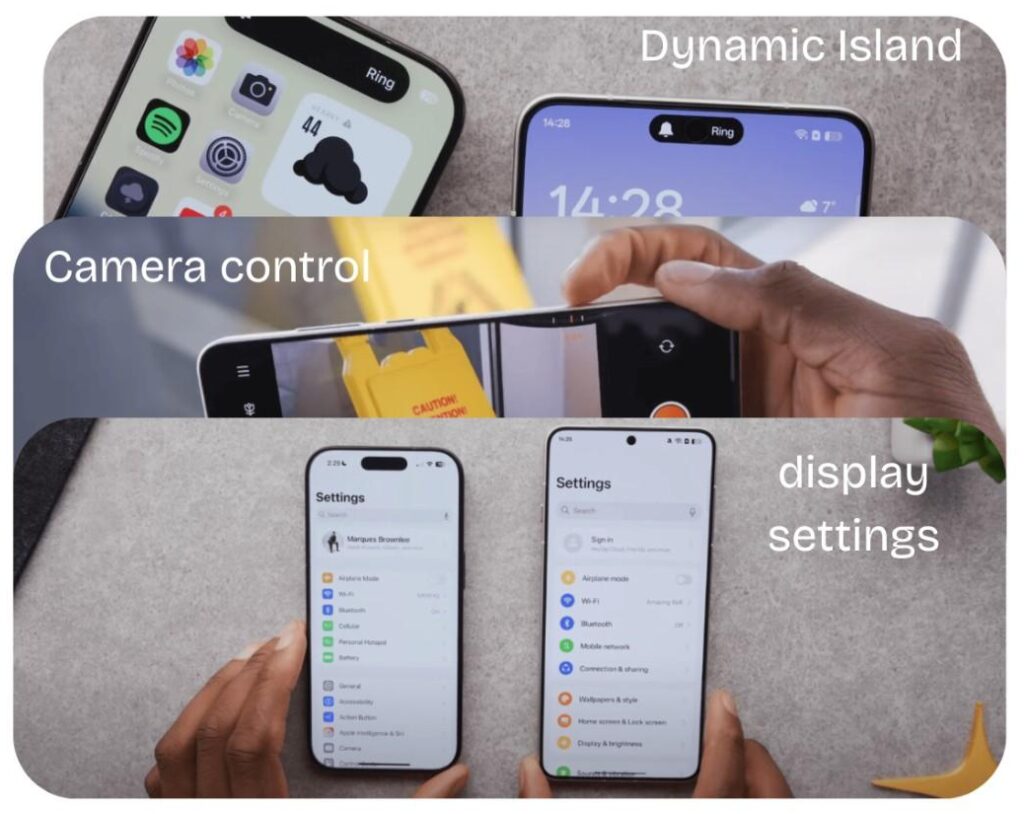 Side-by-side comparison of OPPO Find X8 Ultra and iPhone 16 Pro highlighting similar design features like the titanium frame, curved edges, and camera layout.