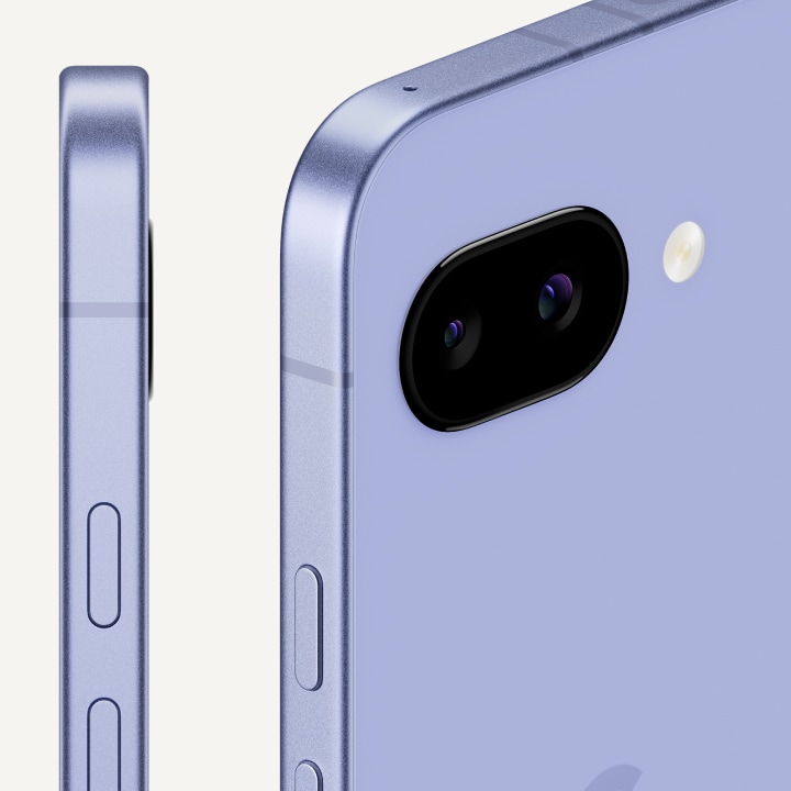 Google Pixel 9a dual camera with 48MP main and 13MP ultrawide sensors, enhanced by Pixel Shift and Ultra HDR for crisp photos.