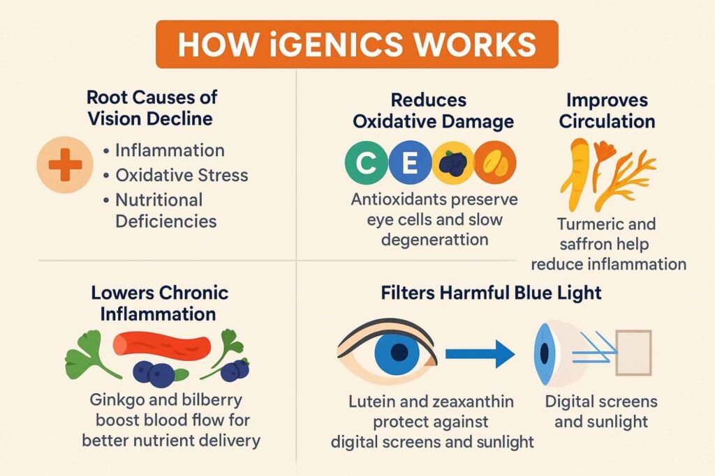 Infographic explaining how iGenics works to improve vision health by targeting inflammation, oxidative stress, and nutrient delivery, featuring ingredients like Bilberry, Lutein, Zeaxanthin, Turmeric, and Ginkgo Biloba.