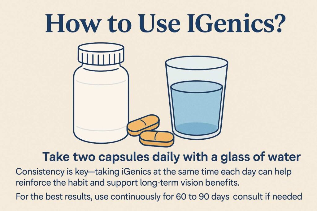 Infographic titled 'How to Use iGenics?' showing step-by-step instructions for taking two daily capsules with water, emphasizing consistency, optimal absorption with meals, and long-term use for best vision support results.