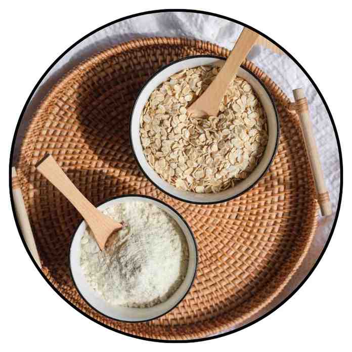 Close-up of colloidal oatmeal powder used in skincare products for soothing sensitive skin.