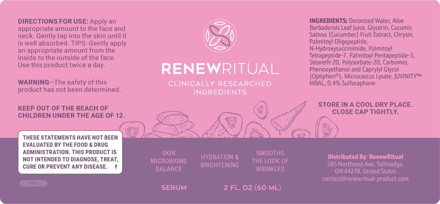 RenewRitual Skin Serum label with a pink design highlighting benefits like microbiome balance, hydration, and wrinkle smoothing.