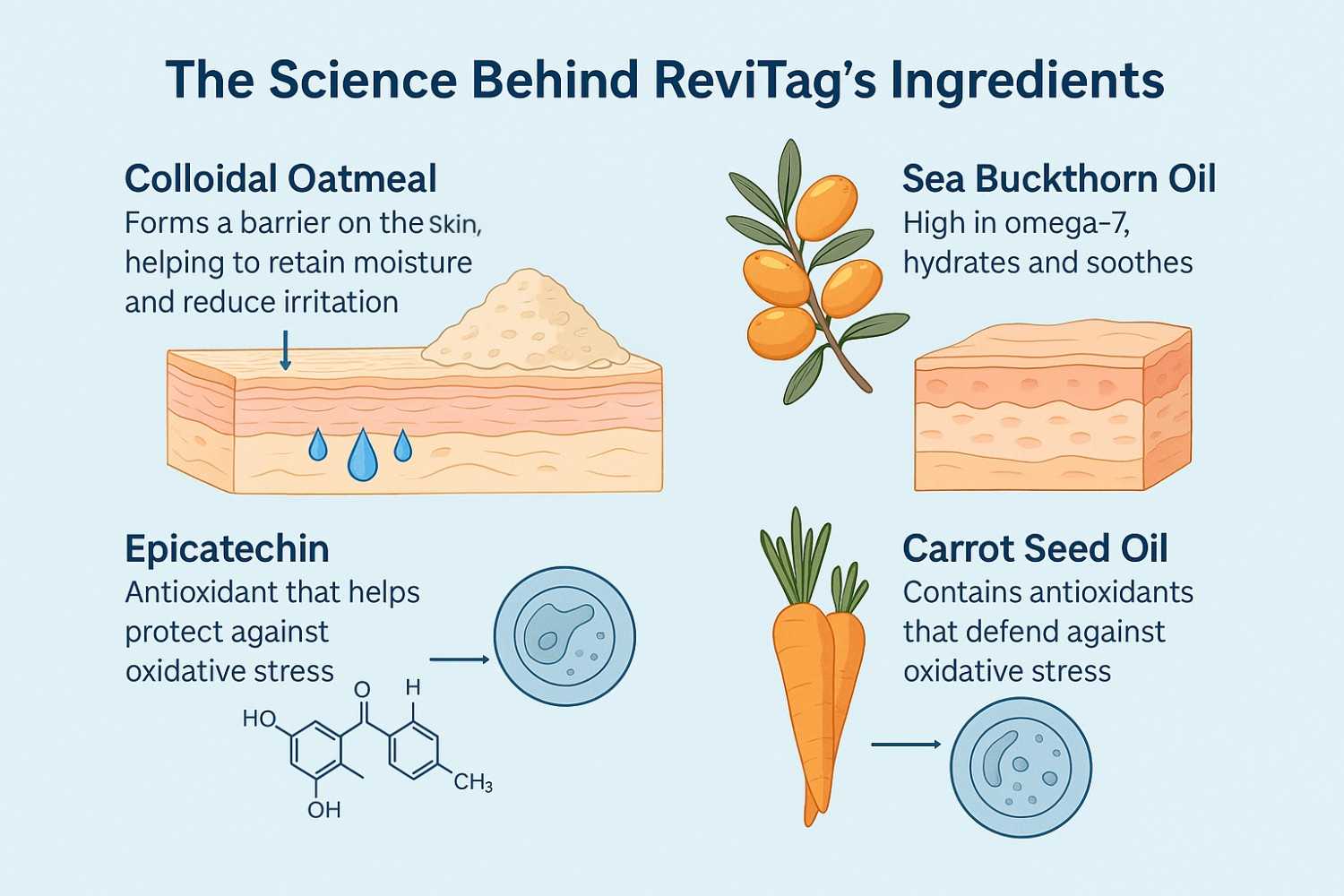 Scientific illustration of ReviTag's plant-based ingredients and their skincare benefits, including hydration, barrier support, and antioxidant protection.