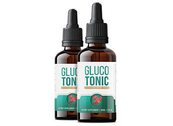 Image showing two GlucoTonic supplement bottles placed side by side, highlighting the product branding and label design
