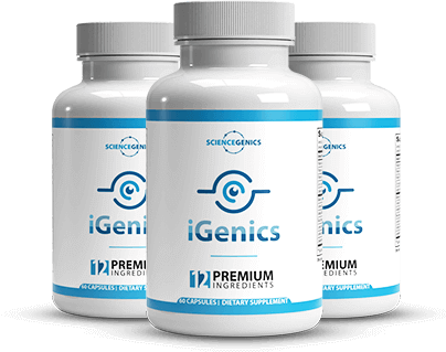Image of three iGenics supplement bottles arranged side by side, emphasizing a multi-month supply for long-term vision support and eye health improvement.