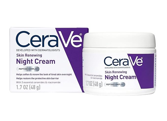 CeraVe Skin Renewing Night Cream 1.7 oz jar with peptides and ceramides for overnight hydration and skin barrier support