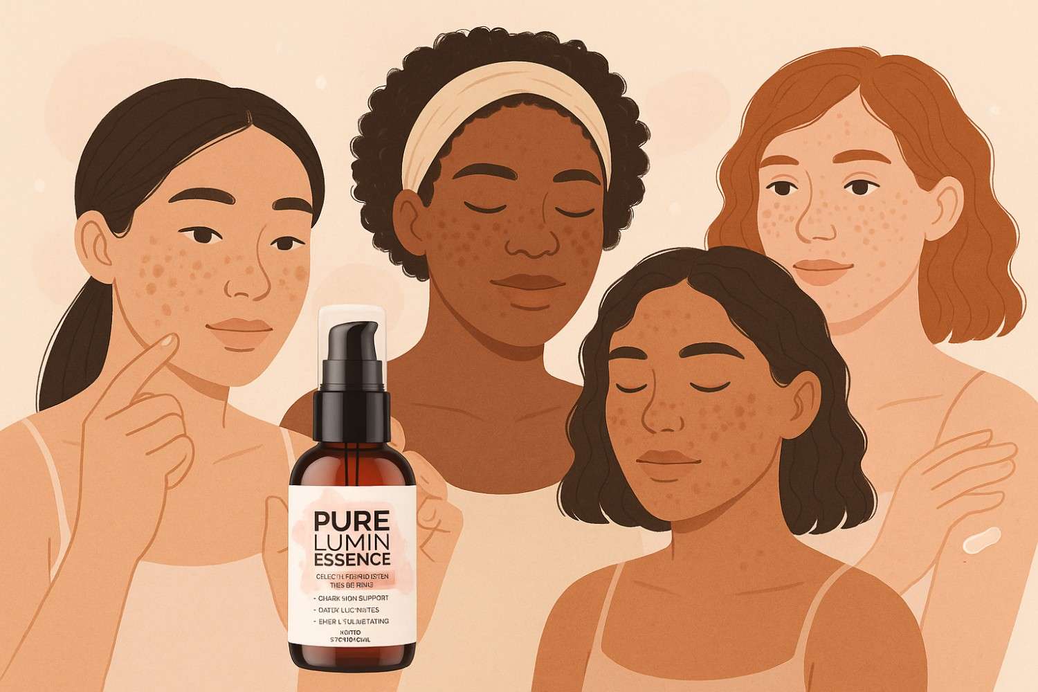 Illustration of diverse women applying Pure Lumin Essence serum for dark spots and uneven skin tone