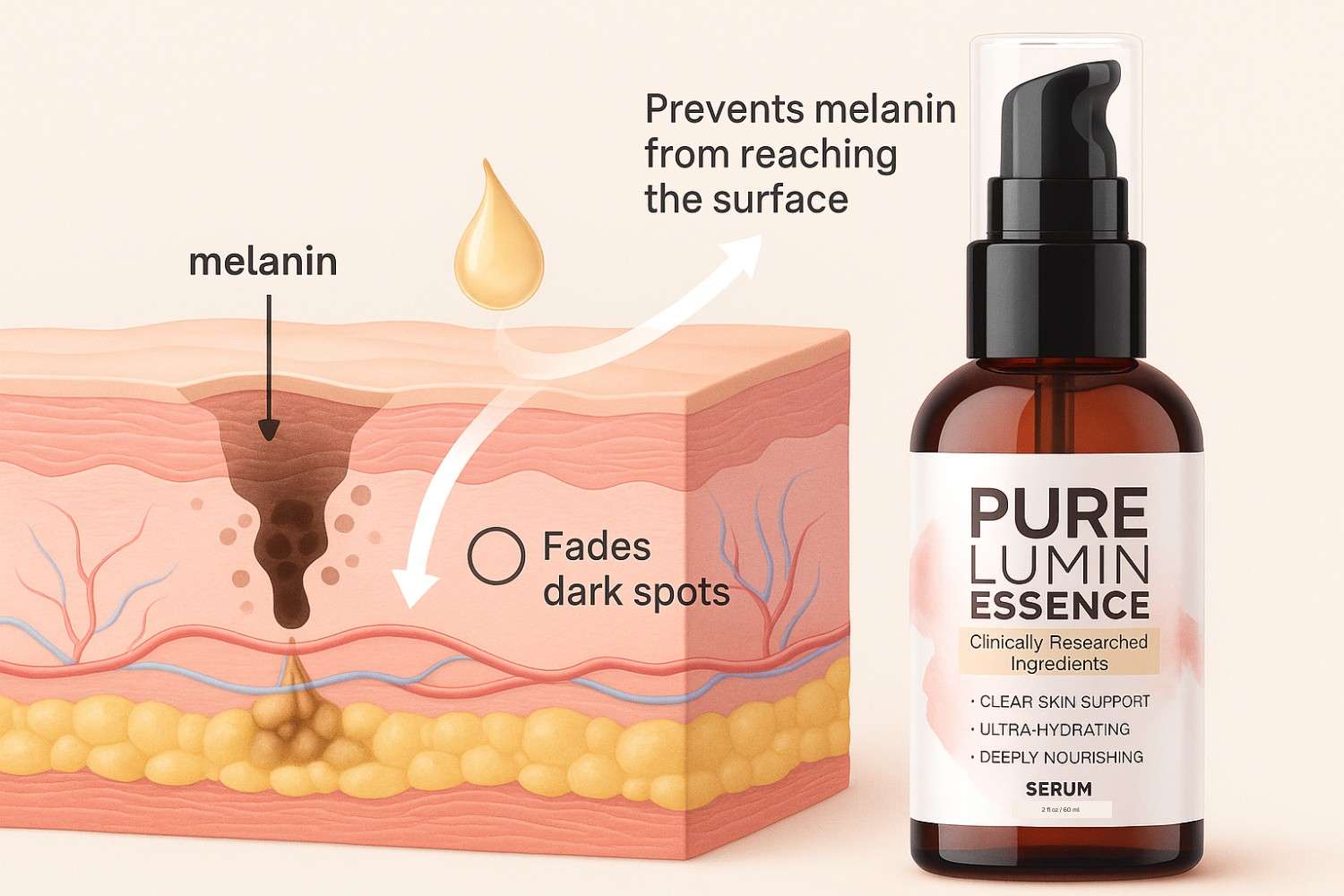 Illustration showing how PureLumin Essence serum helps prevent melanin buildup and fade dark spots on skin
