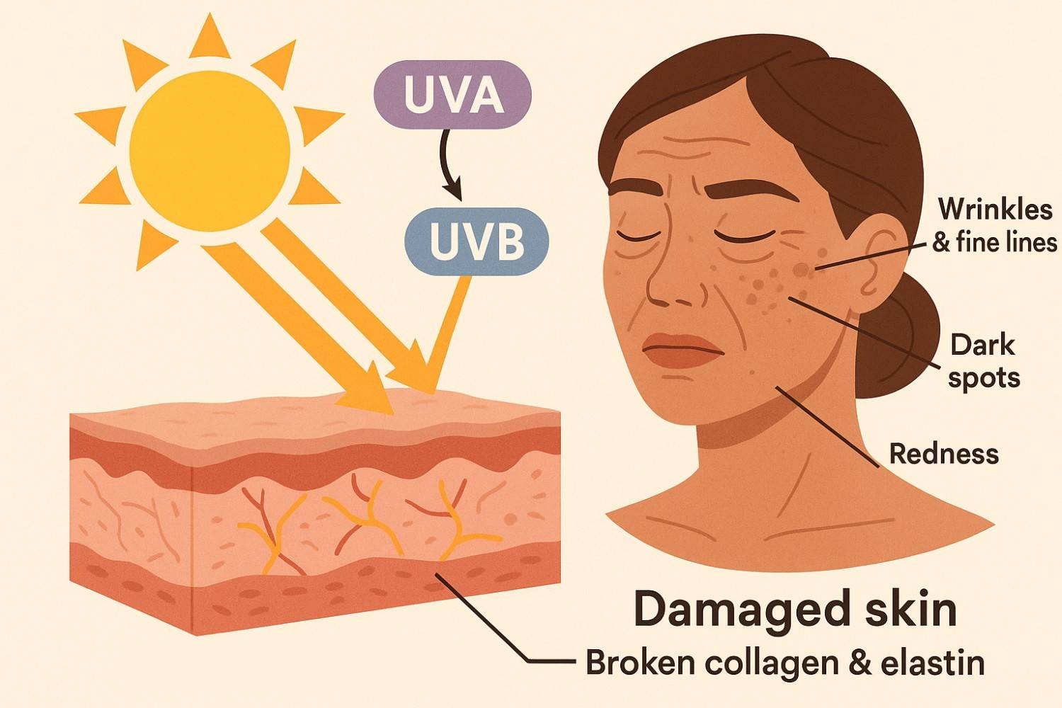 Illustration showing how UVA and UVB rays penetrate the skin, causing damage like wrinkles, dark spots, redness, and collagen breakdown