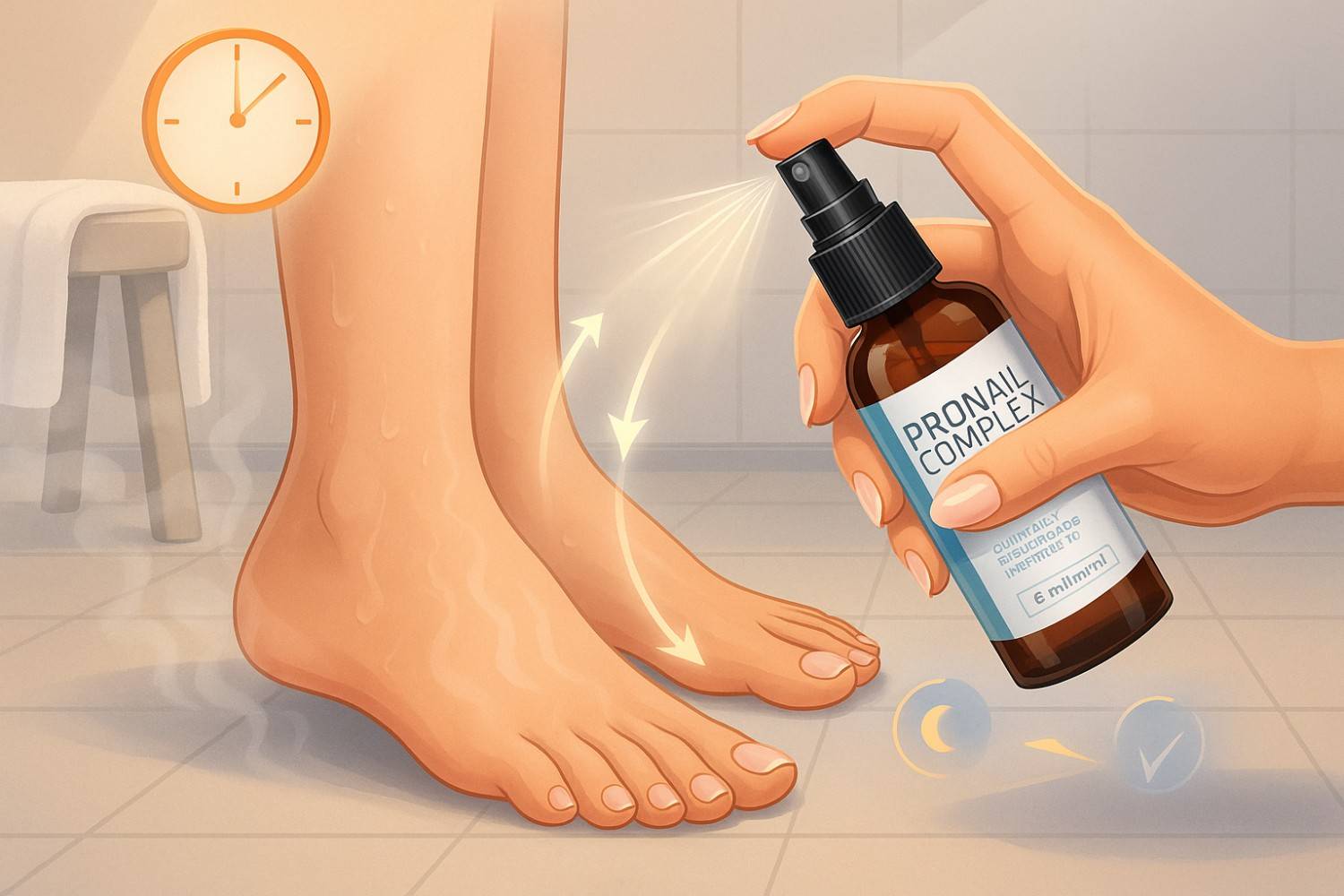 Illustration showing how to spray ProNail Complex on clean toenails after a shower for nail health