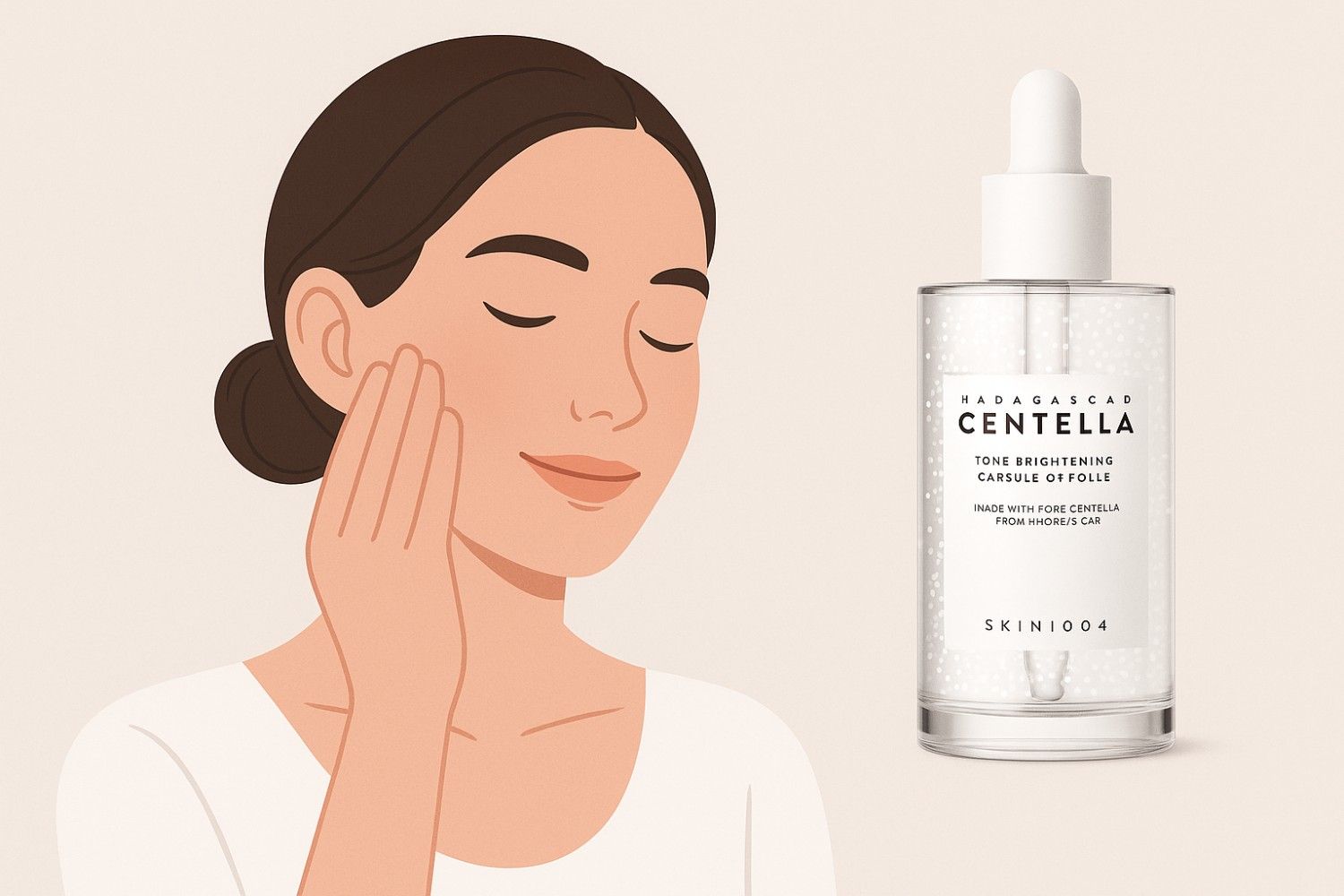 Woman applying SKIN1004 Madagascar Centella Ampoule with dropper, showing step-by-step usage instructions