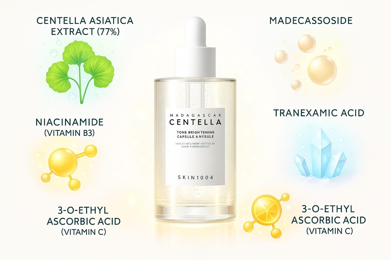 Infographic showing key ingredients of SKIN1004 Madagascar Centella Ampoule including Centella Asiatica, Madecassoside, Niacinamide, Tranexamic Acid, and 3-O-Ethyl Ascorbic Acid.