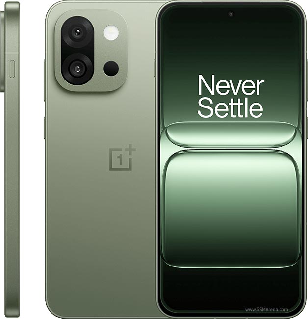 OnePlus 13s green color variant showing front display with "Never Settle" slogan and dual rear camera design
