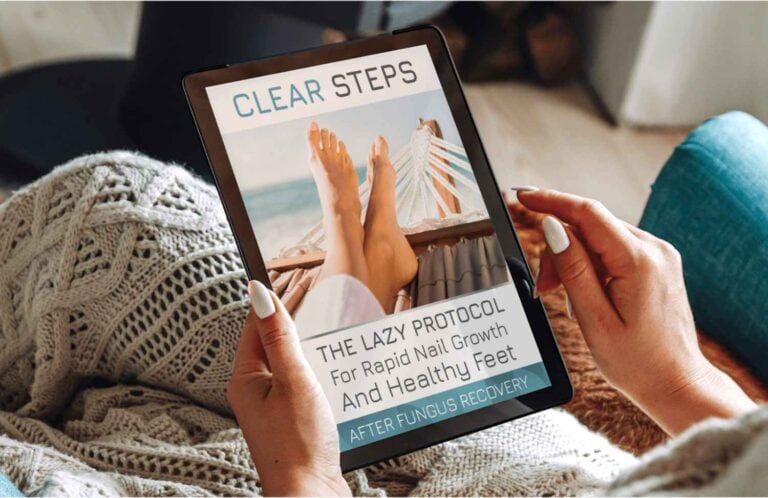 Free guide called "Clear Steps" with recovery tips for nail regrowth and post-fungal foot care.