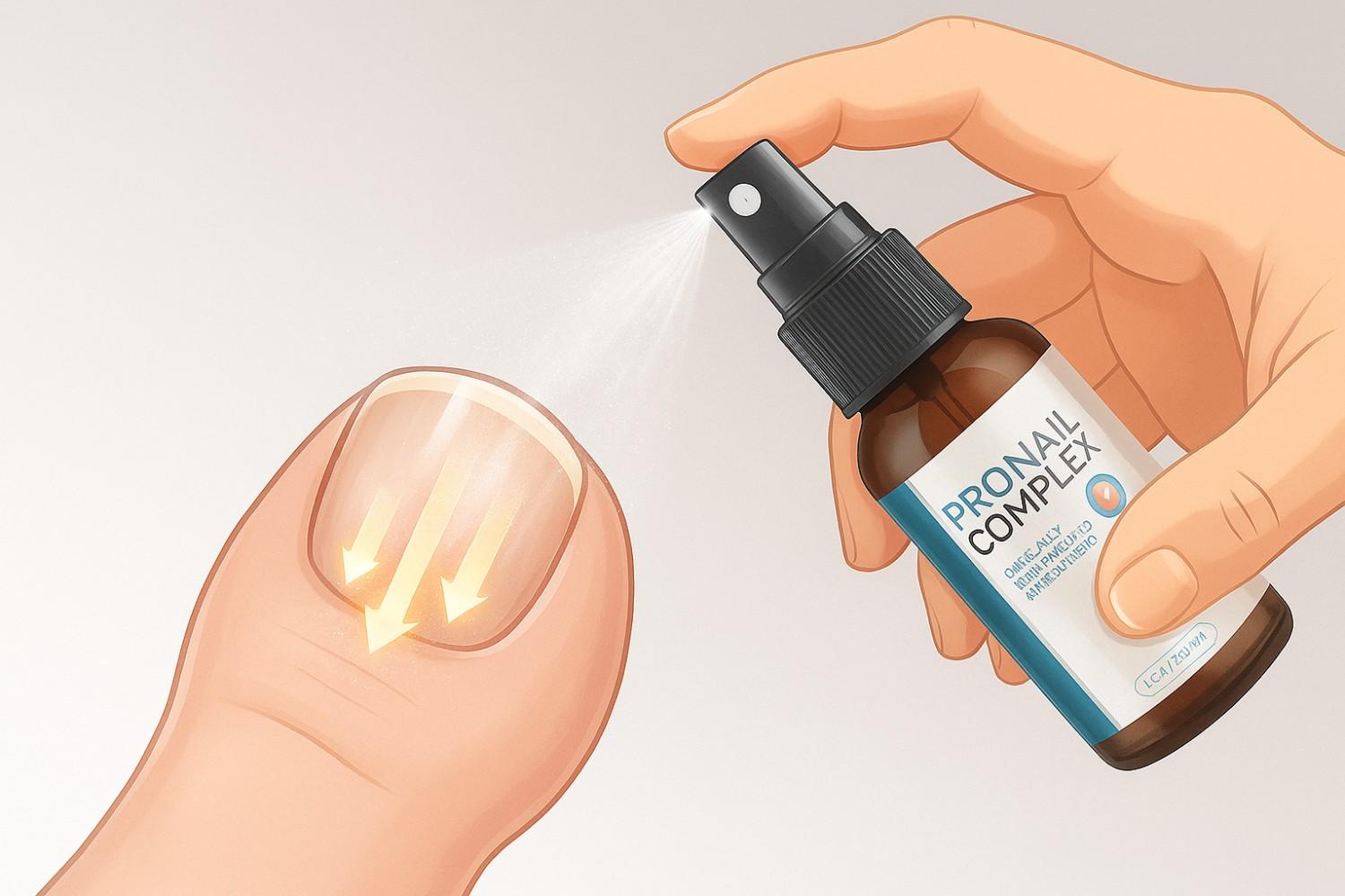 Illustration of ProNail Complex mist spray being applied to a toenail with absorption arrows