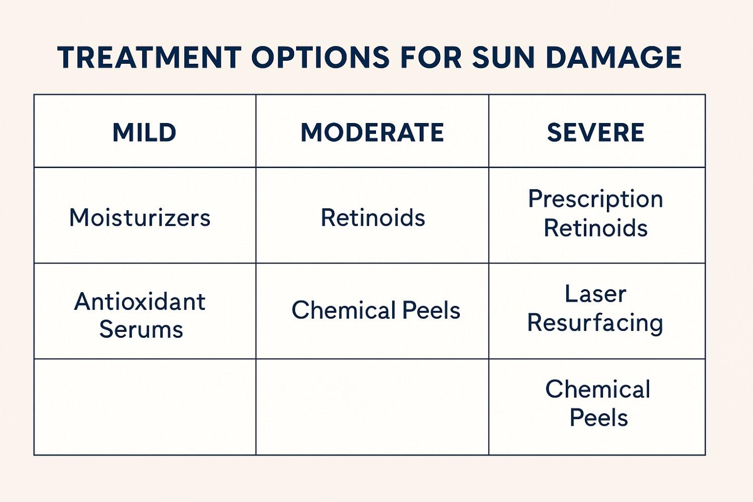Chart showing treatment options for mild, moderate, and severe sun damage, including creams, retinoids, and dermatologic procedures
