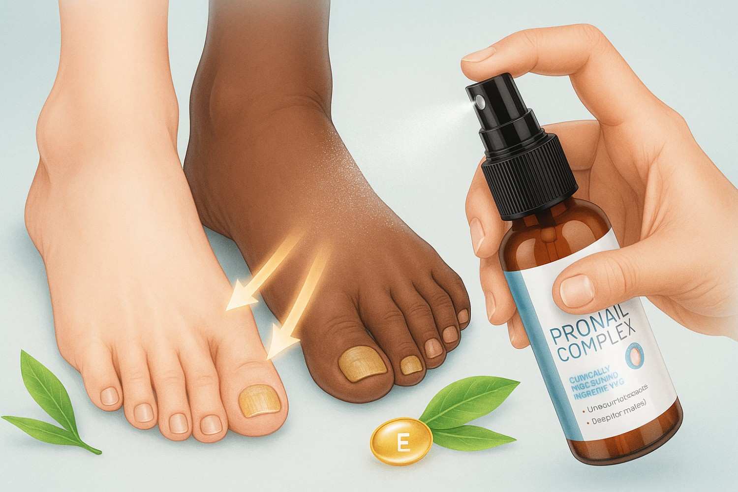 Diverse feet with toenail issues treated with ProNail Complex spray for nail restoration