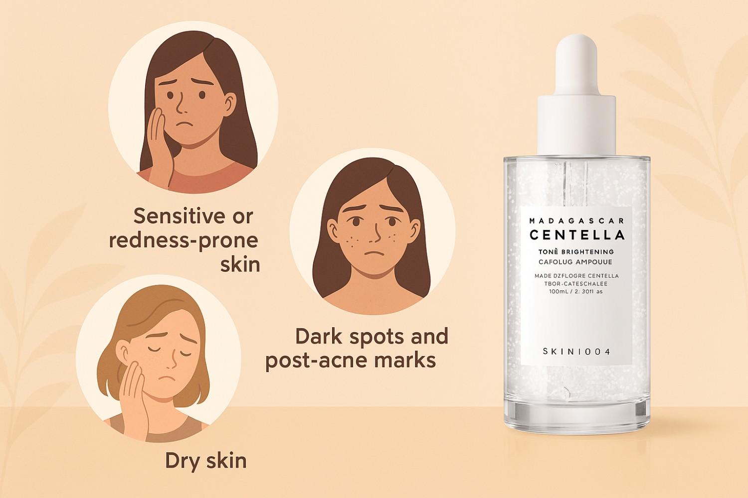 Illustration showing ideal users of SKIN1004 Madagascar Centella Ampoule, including those with sensitive skin and dark spots.