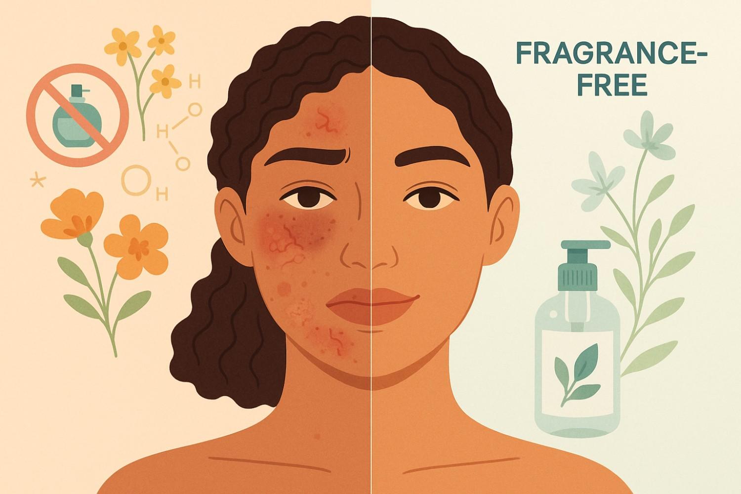 Illustration of a woman with combination skin showing irritation from fragrance on one side and calm, clear skin from fragrance-free products on the other